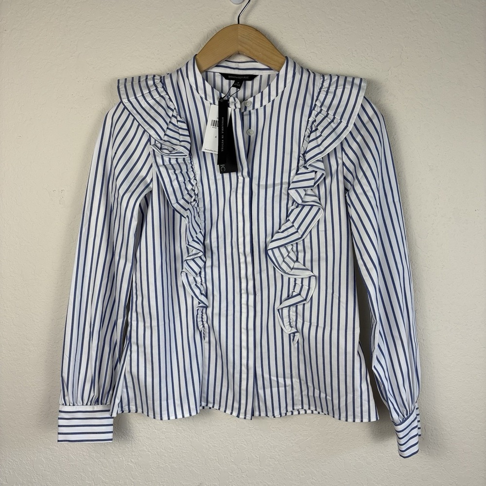 Banana Republic 4 Striped Ruffle Shirt Blue Button Up Long Sleeve Career Preppy